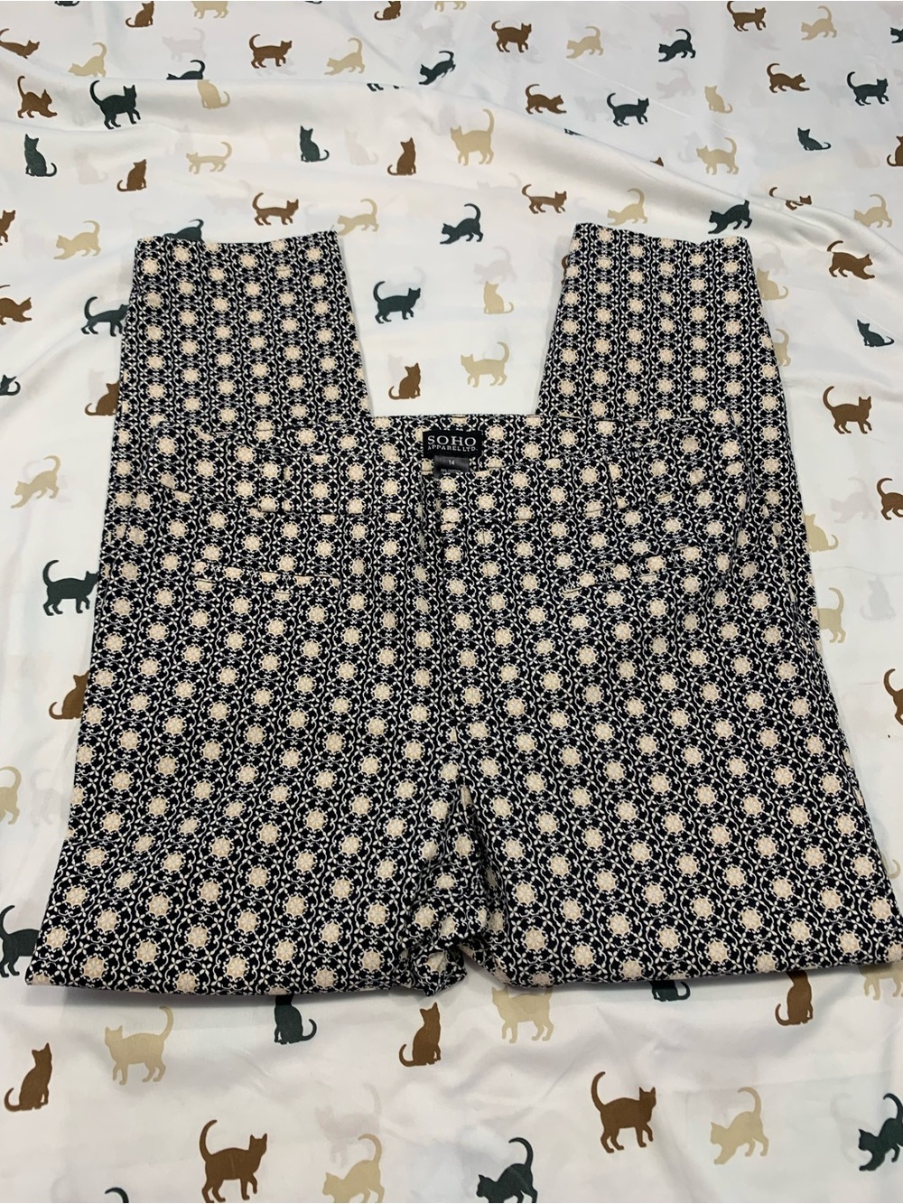 Soho Apparel Black and Cream Tile Print Ankle Dress Pants - Picture 2 of 6
